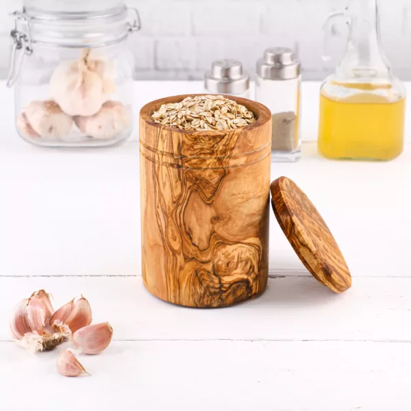 Boîte à épices cylindrique en bois d'olivier avec cuillère – Image 3