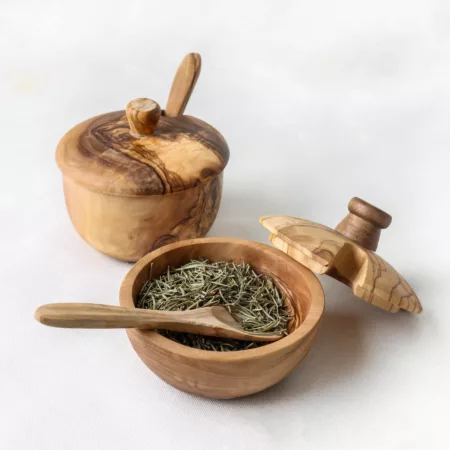 Boîte à épices ronde en bois d'olivier avec cuillère