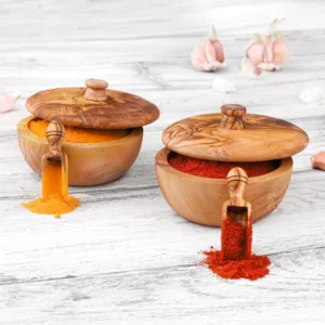 Boîte à épices ovale en bois avec cuillère